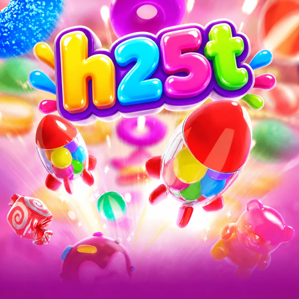 ภาพกราฟิกเกม Candy Burst สีชมพูสดใสพร้อมจรวดลูกกวาดและโลโก้ h25t