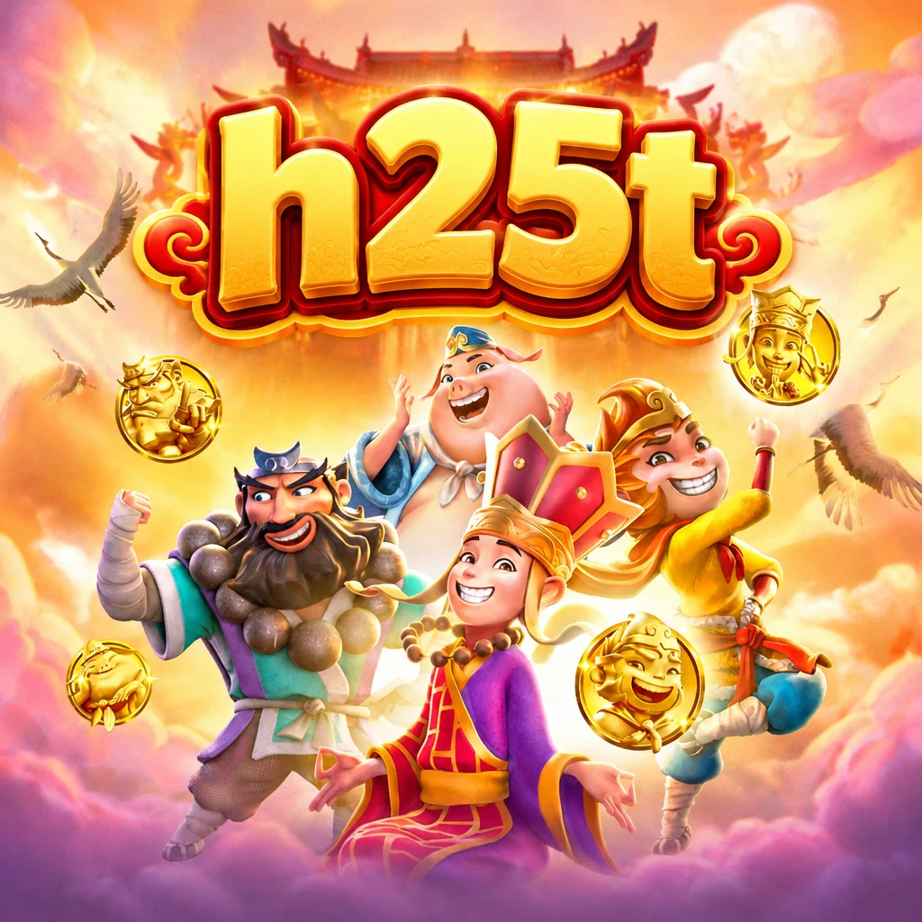 ภาพกราฟิกเกม Journey To The Wealth แสดงตัวละครไซอิ๋วและเหรียญทองพร้อมโลโก้ h25t